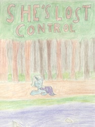 Size: 3737x4971 | Tagged: safe, artist:barryfrommars, imported from derpibooru, trixie, pony, unicorn, cape, clothes, dirt path, dirt road, female, forest, joy division, mare, pencil drawing, river, rock, sad, song reference, traditional art, tree, water