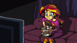 Size: 2400x1350 | Tagged: safe, artist:latecustomer, imported from derpibooru, sunset shimmer, equestria girls, clothes, comfort eating, crying, female, forever alone, ice cream, meme, pajamas, solo, television, wallpaper