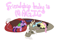 Size: 1280x853 | Tagged: safe, artist:emmymew13, imported from derpibooru, discord, fluttershy, twilight sparkle, sleeping