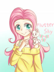 Size: 1880x2507 | Tagged: safe, artist:dyoung, imported from derpibooru, angel bunny, fluttershy, human, clothes, female, humanized, pixiv, solo, sweatershy