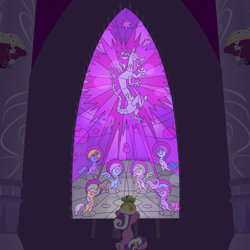 Size: 1980x1980 | Tagged: safe, artist:victordaworker, imported from derpibooru, applejack, discord, fluttershy, pinkie pie, rainbow dash, rarity, screwball, twilight sparkle, daddy discord, mane six, stained glass