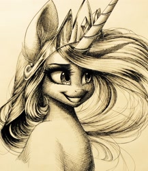 Size: 1775x2047 | Tagged: safe, artist:katputze, imported from derpibooru, princess celestia, alicorn, crown, ear fluff, female, grin, jewelry, mare, monochrome, regalia, solo, traditional art