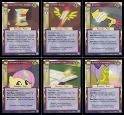 Size: 1033x961 | Tagged: safe, imported from derpibooru, boneless, fluttershy, twilight sparkle, it ain't easy being breezies, leap of faith, pinkie pride, rainbow falls, rarity takes manehattan, twilight's kingdom, bits, card, ccg, crystal games, enterplay, key six, mlp trading card game, neon's bit, rainbow thread, scorpan's necklace, wonderbolt badge
