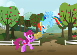 Size: 3714x2653 | Tagged: safe, artist:dsana, artist:php11, artist:qtmarx, artist:tritebristle, artist:zutheskunk edits, imported from derpibooru, berry punch, rainbow dash, earth pony, pegasus, pony, apple, apple tree, cider, duo, duo female, female, fence, mare, tree, vector