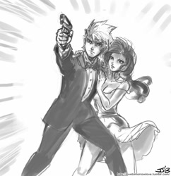 Size: 833x862 | Tagged: safe, artist:johnjoseco, imported from derpibooru, rarity, spike, human, a view to a kill, breasts, cleavage, clothes, crossover, dress, female, grayscale, gun, humanized, james bond, male, monochrome, older, shipping, sparity, straight, strategically covered, suit, tuxedo