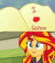 Size: 907x1024 | Tagged: safe, imported from derpibooru, sunset shimmer, equestria girls, exploitable meme, inverted mouth, journey book, love letter, meme