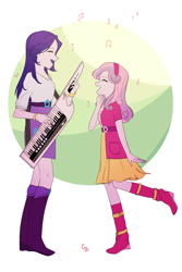 Size: 1000x1500 | Tagged: dead source, safe, artist:magneticskye, imported from derpibooru, rarity, sweetie belle, equestria girls, rainbow rocks, happy, keytar, laughing, music notes, musical instrument, sisters
