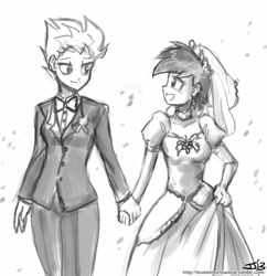 Size: 833x862 | Tagged: safe, artist:johnjoseco, imported from derpibooru, rainbow dash, spitfire, human, clothes, dress, female, grayscale, humanized, lesbian, looking at each other, monochrome, shipping, signature, spitdash, traditional art, tuxedo, wedding, wedding dress