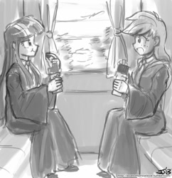 Size: 833x862 | Tagged: safe, artist:johnjoseco, imported from derpibooru, applejack, twilight sparkle, human, clothes, crossover, grayscale, harry potter, harry potter (series), humanized, monochrome, school uniform, schoolgirl, train