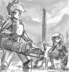 Size: 833x862 | Tagged: safe, artist:johnjoseco, imported from derpibooru, applejack, fluttershy, dog, human, armor, bfg, brotherhood of steel, crossover, dogmeat, fallout, fallout 3, fallout 4, gatling laser, grayscale, humanized, monochrome, power armor, powered exoskeleton, recon armor, t-45d, washington monument