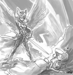 Size: 833x862 | Tagged: safe, artist:johnjoseco, imported from derpibooru, princess cadance, sunset shimmer, human, fantasy class, grayscale, humanized, knight, monochrome, sword, valkyrie, warrior