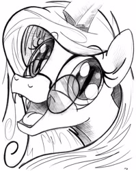 Size: 2608x3275 | Tagged: safe, artist:uminanimu, imported from derpibooru, queen chrysalis, changeling, changeling queen, cute, cutealis, fangs, female, glasses, happy, looking at you, mirror universe, monochrome, open mouth, portrait, reversalis, smiling, solo