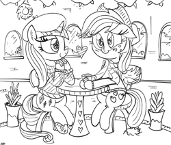 Size: 900x764 | Tagged: safe, artist:daniel-sg, imported from derpibooru, applejack, rarity, female, lesbian, monochrome, rarijack, shipping, sketch