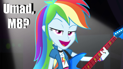 Size: 1920x1080 | Tagged: safe, edit, edited screencap, imported from derpibooru, screencap, rainbow dash, equestria girls, rainbow rocks, awesome as i wanna be, awesome as i want to be, caption, female, guitar, image macro, meme, rainbow dash is best facemaker, solo, trollface, u mad