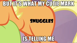 Size: 1280x720 | Tagged: safe, edit, imported from derpibooru, applejack, image macro, imma snuggle you, meme, snuggles?