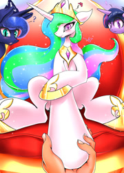 Size: 1024x1426 | Tagged: safe, artist:f-nar, imported from derpibooru, princess celestia, princess luna, twilight sparkle, alicorn, human, pony, exclamation point, female, foreshortening, hand, heart, heart eyes, mare, misleading thumbnail, offscreen character, pov, question mark, twilight sparkle (alicorn), wingding eyes