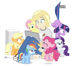 Size: 1140x1020 | Tagged: safe, artist:dm29, imported from derpibooru, applejack, fluttershy, pinkie pie, rainbow dash, rarity, twilight sparkle, oc, oc:colin nary, earth pony, human, pegasus, pony, unicorn, coffee mug, computer, cross-eyed, cursor, cute, female, filly, filly applejack, filly fluttershy, filly pinkie pie, filly rainbow dash, filly rarity, filly twilight sparkle, frown, human ponidox, julian yeo is trying to murder us, laptop computer, mane six, milestone, open mouth, party horn, puffy cheeks, simple background, sitting, smiling, suspended, tail pull, transparent background, wide eyes, younger