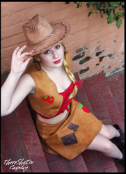 Size: 555x765 | Tagged: safe, artist:marli le roux, artist:theresheisxcosplay, imported from derpibooru, applejack, human, clothes, cosplay, hat, irl, irl human, photo, skirt, vest