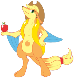 Size: 757x793 | Tagged: safe, artist:kuruttra, imported from derpibooru, applejack, floatzel, apple, female, pokefied, pokémon, simple background, solo, species swap, transparent background