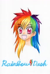 Size: 1170x1707 | Tagged: safe, artist:magical-heart, imported from derpibooru, rainbow dash, human, female, happy, humanized, looking at you, pixiv, portrait, solo, traditional art