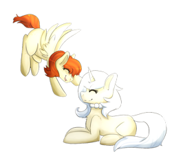 Size: 1024x997 | Tagged: safe, artist:oddends, imported from derpibooru, oc, oc only, oc:ivory lace, oc:vanity, pegasus, pony, unicorn, commission, flying, prone, simple background