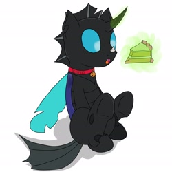 Size: 2480x2480 | Tagged: safe, artist:featherscratch, imported from derpibooru, oc, oc only, oc:kuno, changeling, bell, bell collar, cake, changeling oc, collar, cute, cuteling, female, solo