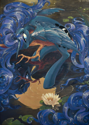 Size: 1433x2000 | Tagged: safe, artist:chio-kami, imported from derpibooru, princess luna, acrylic painting, female, flower, in a tree, reflection, solo, traditional art, water, water rings, waterlily