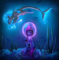 Size: 1828x1860 | Tagged: safe, artist:9de-light6, imported from derpibooru, oc, oc only, original species, shark pony, glow, glowing, glowing horn, magic, smiling, underwater