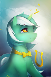 Size: 1650x2500 | Tagged: dead source, safe, artist:antiander, imported from derpibooru, lyra heartstrings, butterfly, pony, unicorn, bowtie, female, heart eyes, lyre, magic, smiling, solo, wingding eyes