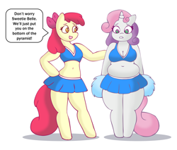 Size: 2000x1700 | Tagged: safe, artist:lordstormcaller, imported from derpibooru, apple bloom, sweetie belle, anthro, unguligrade anthro, belly, belly button, breasts, busty sweetie belle, cheerleader, chubbie belle, chubby, cleavage, duo, female, midriff, muffin top, need to go on a diet, need to lose weight, older, plump, pom pom, simple background, white background