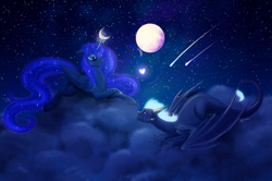 Size: 4760x3160 | Tagged: safe, artist:dalagar, imported from derpibooru, princess luna, oc, oc:teurus, alicorn, dragon, pony, canon x oc, cloud, cloudy, female, floppy ears, heart, mare, moon, night, prone, self insert, shipping, shooting stars, smiling, stars