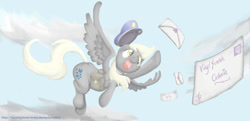 Size: 1024x495 | Tagged: safe, artist:burning-heart-brony, imported from derpibooru, derpy hooves, pegasus, pony, cap, cloud, cloudy, female, hat, letter, mailmare, mare, saddle bag, solo, wind