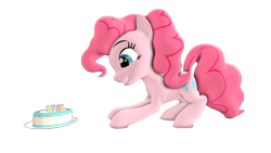 Size: 3100x1743 | Tagged: safe, artist:flare-chaser, imported from derpibooru, pinkie pie, 3d, cake, crawling, happy, simple background, source filmmaker, transparent background, vector, wallpaper