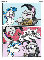 Size: 1102x1512 | Tagged: safe, artist:pandan009, imported from derpibooru, dj pon-3, octavia melody, vinyl scratch, pony, alternate hairstyle, mirror universe, rocktavia, vinyl class