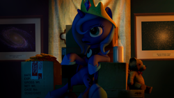 Size: 5760x3240 | Tagged: safe, artist:drdicksamazingstick, imported from derpibooru, princess luna, 3d, cookie, cute, female, filly, milk, moustache, solo, source filmmaker, teddy bear, throne, woona