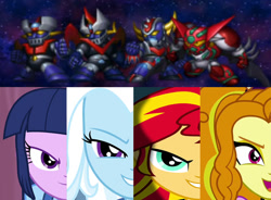 Size: 754x555 | Tagged: safe, edit, imported from derpibooru, screencap, adagio dazzle, sunset shimmer, trixie, twilight sparkle, equestria girls, rainbow rocks, crossover, final dynamic special, great mazinger, grendizer, mazinger, mazinger z, shin getter robo, super robot wars