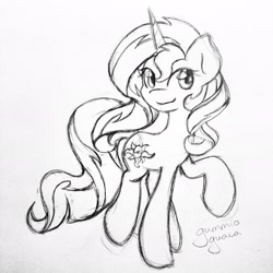 Size: 2448x2448 | Tagged: safe, artist:gummigator, imported from derpibooru, sunset shimmer, pony, unicorn, female, grayscale, monochrome, raised hoof, sketch, smiling, solo, traditional art