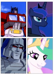 Size: 667x927 | Tagged: safe, imported from derpibooru, princess celestia, princess luna, crossover, exploitable meme, megatron, meme, new lunar republic, optimus prime, solar empire, transformers, tyrant celestia, why