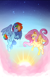 Size: 1970x3045 | Tagged: safe, artist:infected-ellis, imported from derpibooru, fluttershy, rainbow dash, cloud, cloudy, cute, dashabetes, female, flutterdash, lesbian, shipping, shyabetes, stars, sun