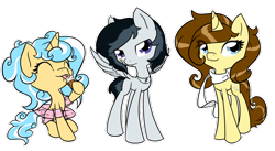 Size: 1024x563 | Tagged: safe, artist:piichu-pi, imported from derpibooru, oc, oc only, oc:eclair, oc:jet strike, oc:vanilla splash, clothes, eyes closed, ice cream, scarf