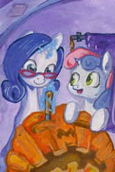 Size: 668x1000 | Tagged: safe, artist:lexx2dot0, imported from derpibooru, rarity, sweetie belle, carving, gouache, halloween, holiday, jack-o-lantern, magic, pumpkin, traditional art