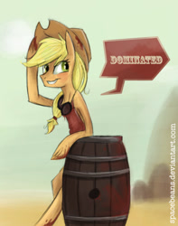 Size: 560x712 | Tagged: safe, artist:spacebeans, imported from derpibooru, applejack, pony, barrel, bipedal, female, goggles, solo, team fortress 2