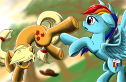 Size: 6000x3938 | Tagged: safe, artist:doomsp0rk, imported from derpibooru, applejack, rainbow dash, earth pony, pegasus, pony, absurd resolution, fight, floppy ears, handstand, kick, rearing, spread wings