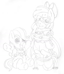 Size: 1425x1641 | Tagged: safe, artist:blackbewhite2k7, imported from derpibooru, apple bloom, fluttershy, pony, age regression, baby, baby pony, babyshy, babysitting, batfilly, batgirl, evil, flutterbitch, monochrome, poison ivy, poison ivyshy, sketch, tied up, vine, younger