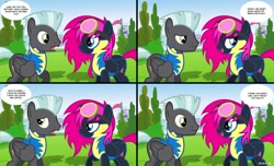 Size: 1146x697 | Tagged: safe, artist:noah-x3, imported from derpibooru, thunderlane, oc, oc:neon flare, pegasus, pony, clothes, comic, duckery in the comments, duo, female, male, mare, show accurate, stallion, uniform, wonderbolt trainee uniform