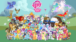 Size: 2560x1440 | Tagged: safe, artist:ponycomicconposter, imported from derpibooru, ace, ace point, aloe, angel bunny, apple bloom, applejack, berry punch, berryshine, big macintosh, bloomberg, bon bon, braeburn, carrot cake, carrot top, cheerilee, cherry berry, chief thunderhooves, cup cake, daisy, derpy hooves, diamond tiara, dj pon-3, doctor whooves, donut joe, dumbbell, fido, flower wishes, fluttershy, gilda, golden harvest, granny smith, gummy, hoity toity, hoops, lily, lily valley, little strongheart, lotus blossom, lyra heartstrings, madame leflour, mayor mare, minuette, mr. turnip, octavia melody, opalescence, orion, owlowiscious, philomena, photo finish, pinkie pie, pokey pierce, prince blueblood, princess celestia, princess luna, quarterback, rainbow dash, rainbowshine, rarity, rocky, roseluck, rover, sapphire shores, savoir fare, scootaloo, sheriff silverstar, shooting star (character), silver spoon, sir lintsalot, snails, snips, soarin', spike, spitfire, spot, steven magnet, sweetie belle, sweetie drops, time turner, trixie, twilight sparkle, twist, vinyl scratch, winona, zecora, alicorn, buffalo, cockatrice, diamond dog, dragon, earth pony, griffon, hydra, manticore, parasprite, pegasus, phoenix, pony, sea serpent, unicorn, zebra, season 1, comic con, cutie mark crusaders, everypony, female, horte cuisine, joe, male, mane six, mare, multiple heads, my little pony logo, official, official season poster, poster, royal guard, score, spa twins, stallion, wall of tags, wallpaper