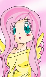 Size: 768x1280 | Tagged: safe, artist:animejasmine, imported from derpibooru, fluttershy, human, clothes, female, humanized, off shoulder, solo, winged humanization