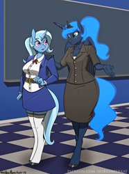 Size: 1280x1724 | Tagged: safe, artist:hobbsmeerkat, imported from derpibooru, princess luna, trixie, alicorn, anthro, unguligrade anthro, unicorn, belt, blouse, blushing, chalk, chalkboard, clothes, jacket, school, school uniform, skirt, student, teacher