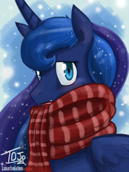 Size: 2700x3600 | Tagged: safe, artist:dracojayproduct, imported from derpibooru, princess luna, clothes, female, scarf, snow, snowfall, solo