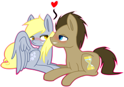 Size: 1673x1176 | Tagged: safe, artist:jaminener64, imported from derpibooru, derpy hooves, doctor whooves, time turner, pegasus, pony, .psd available, blushing, doctorderpy, female, heart, male, mare, prone, shipping, simple background, straight, transparent background